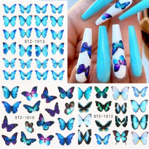 4pcs Set Nail Butterfly Stickers Watercolor Decals Blue Flowers Sliders Wraps Manicure Summer Nail Art Decorations 25 Beauty-Health 4pcs/Set Nail Butterfly Stickers