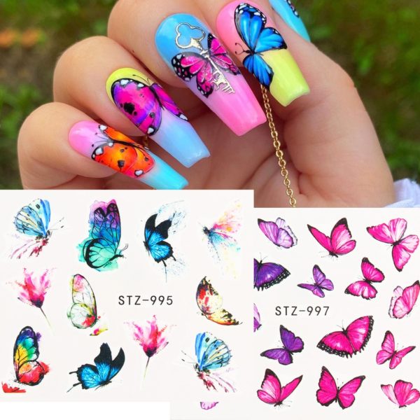 4pcs Set Nail Butterfly Stickers Watercolor Decals Blue Flowers Sliders Wraps Manicure Summer Nail Art Decorations 28 Beauty-Health 4pcs/Set Nail Butterfly Stickers